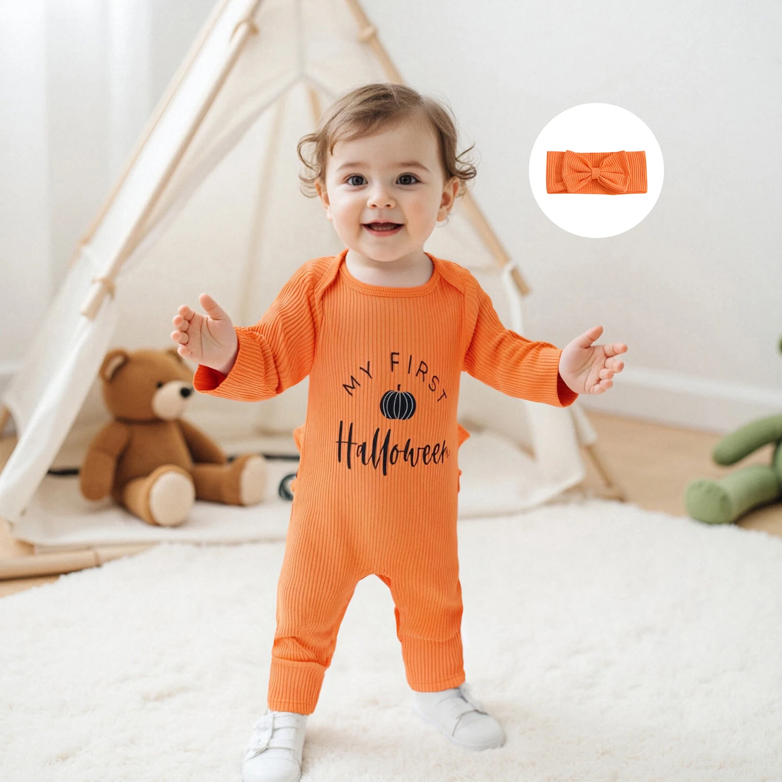

Baby Girls Halloween Romper Letter Print Ribbed Long Sleeve Jumpsuits and Cute Headband Set for Toddler Infant Outfits