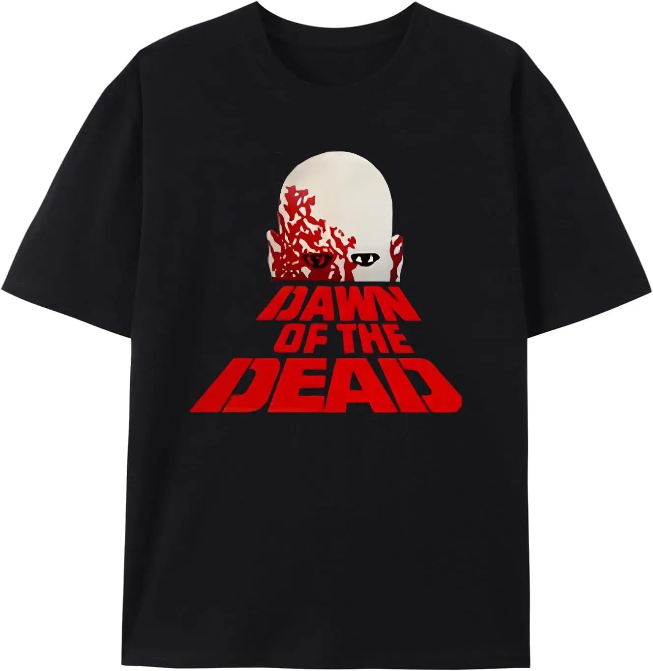 Men's Black T-Shirt with 'Dawn of The Dead' Graphic Design, Bald Head Peeking Out, Eerie Face with Blood Splatterst