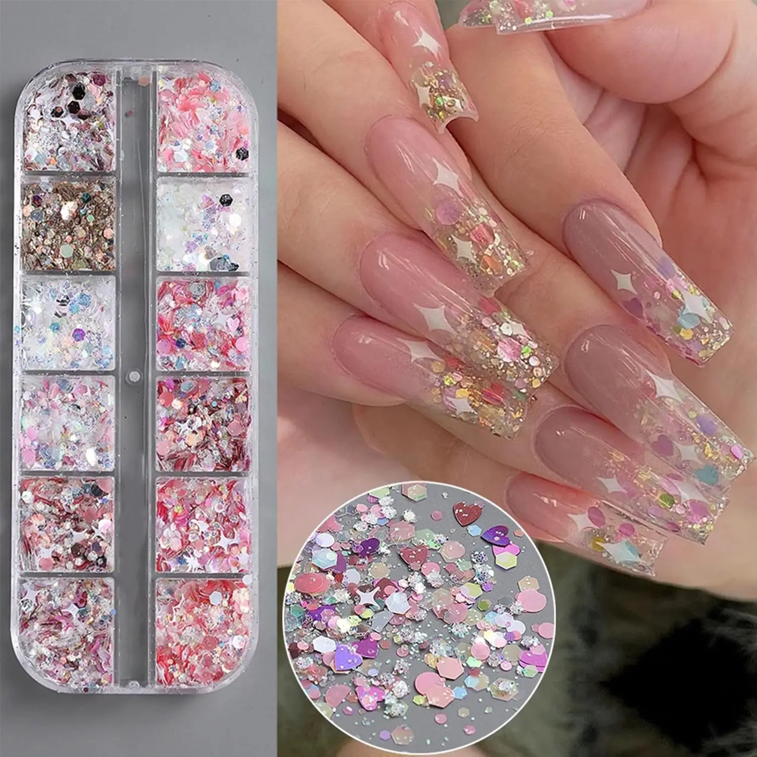 12 griglie Starburst Rosa Fine Shimmer Nail Art Paillettes Ultra-sottile Misto Punti d'amore Scintillanti Fiocchi per unghie Fette Accessorio per manicure fai da te