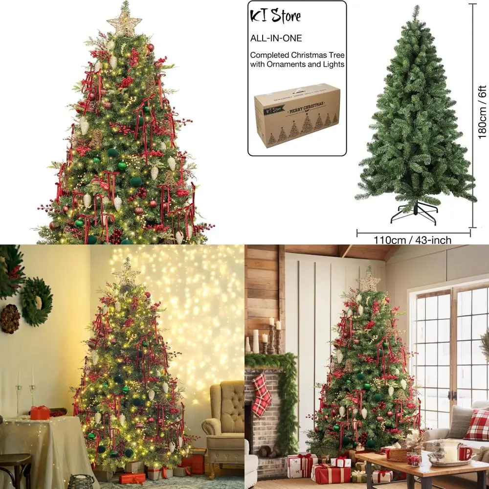 

Набор классической рождественской елки высотой 6 футов с украшениями и огнями, полностью украшенный праздничным сезоном