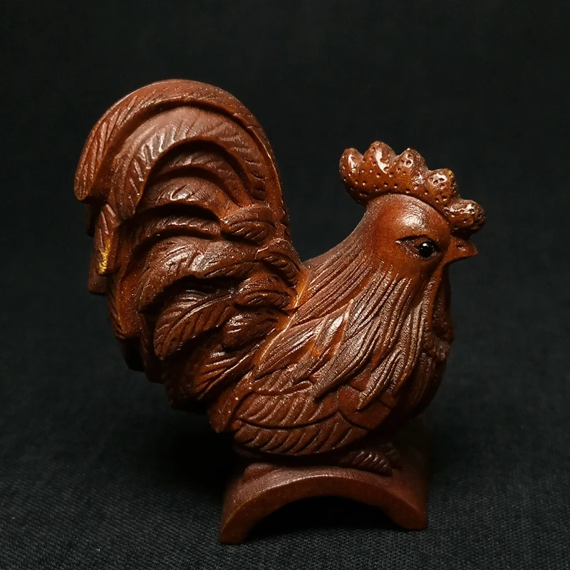 

YIZHU CULTUER ART Size 2.6 Inch Old Chinese Boxwood Wood Hand Carved zodiac Animal Cock Figurine Netsuke Gift Collection