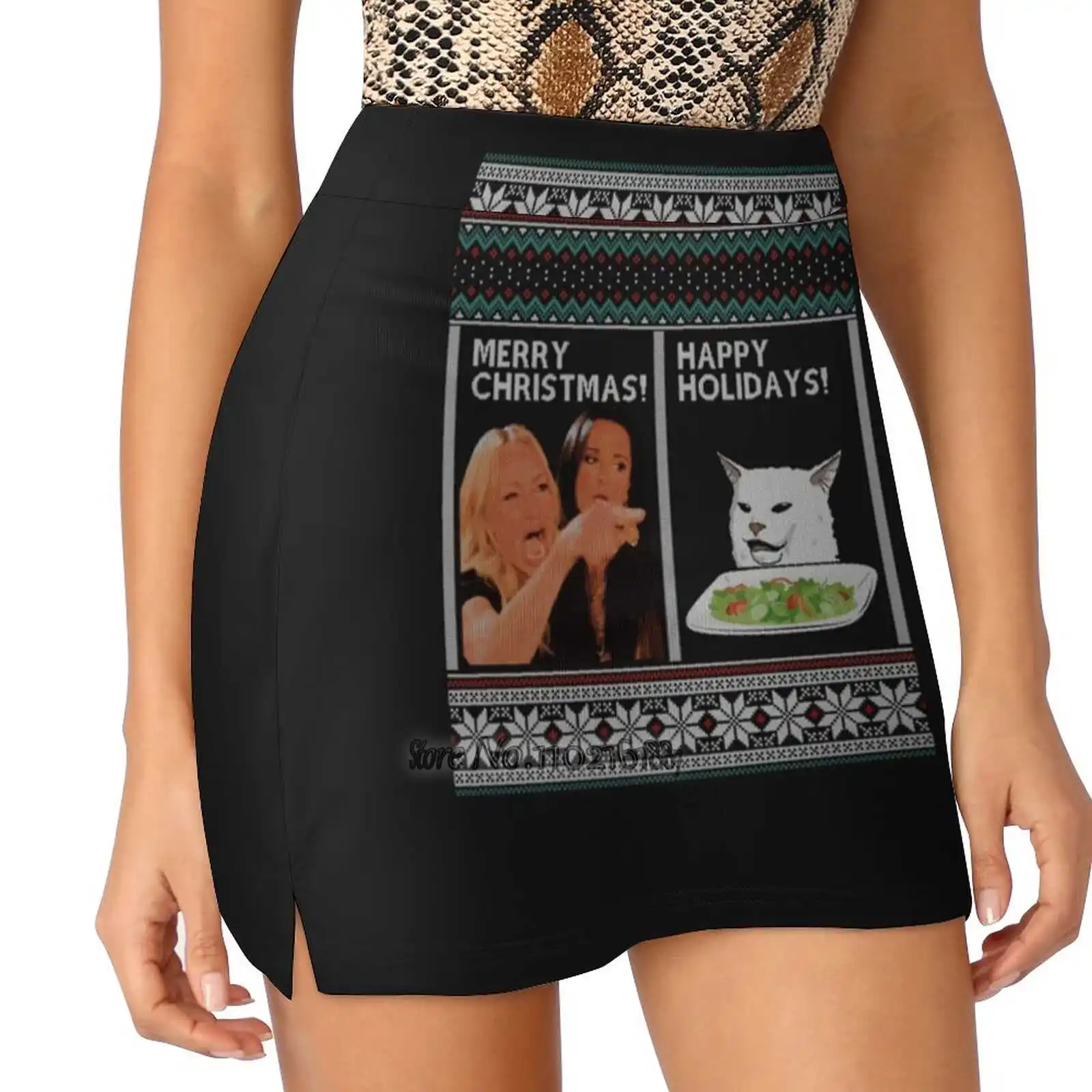 

Woman Yelling At A Cat Meme Ugly Christmas Sweater Gift Fake Two-Piece Hakama Skirt Women Pencil Skirts Workout Sports Mini