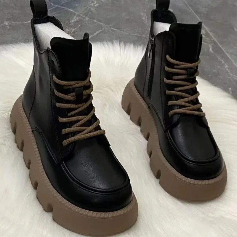 Platform Short Shoes for Women with Laces Footwear Punk Booties Black Combat Lace-up Female Ankle Boots Round Toe Leather Boot