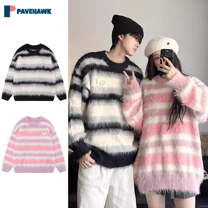 

Y2k Harajuku Striped Knitted Sweater Man Woman Winter Loose Round Neck Jumpers Butterfly Couple Casual Autumn Knit Pullover New