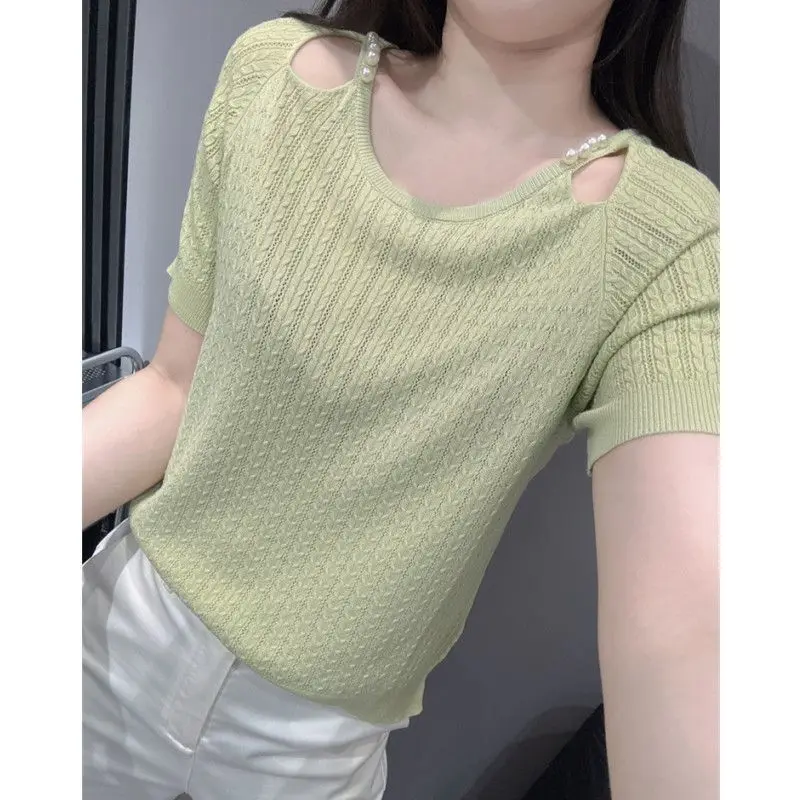 Mujer verano simplicidad Oficina señora Color sólido cuello redondo manga corta prendas de punto finas Tops señoras moda temperamento Casual Tops