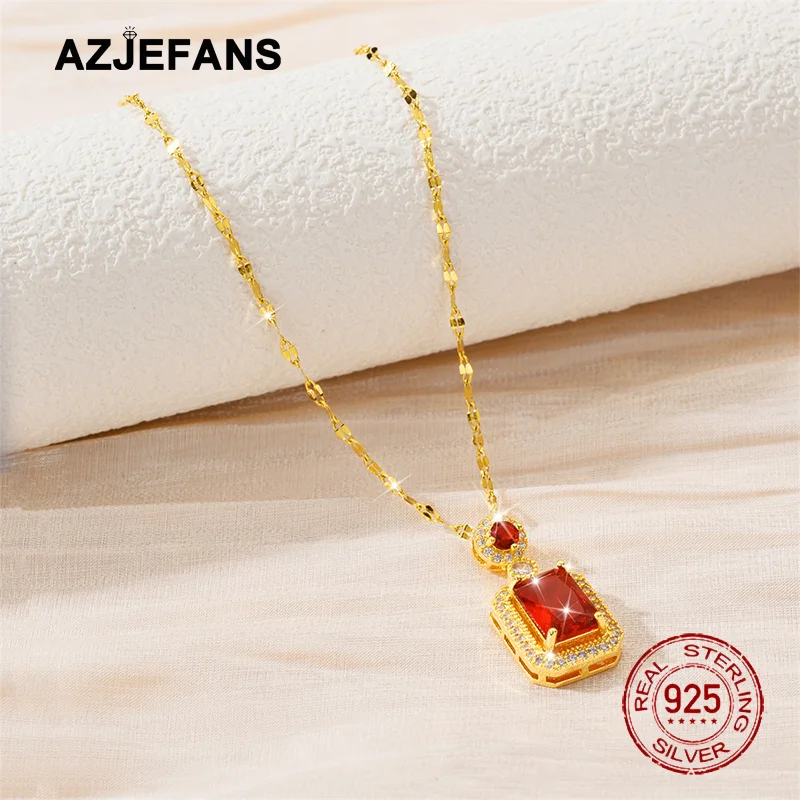 AZJEFANS 925 Sterling Silver 18K Gold Plated Emerald Zircon Pendant Necklace Gift For Girl Fine Jewelry