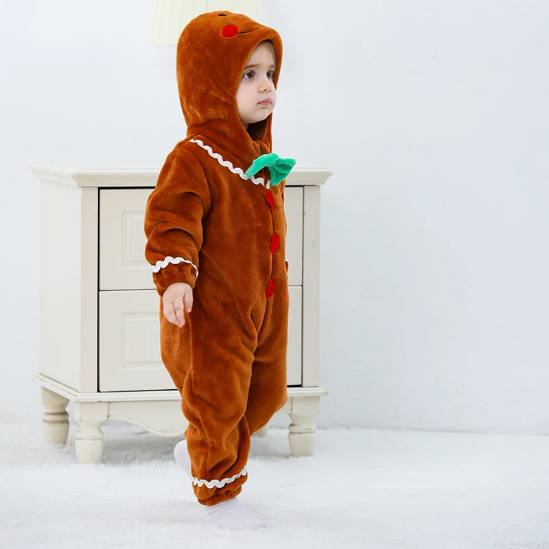 Baby Gingerbread Costume Long Sleeve Embroidery Plush Hooded Romper Newborn Christmas Jumpsuit