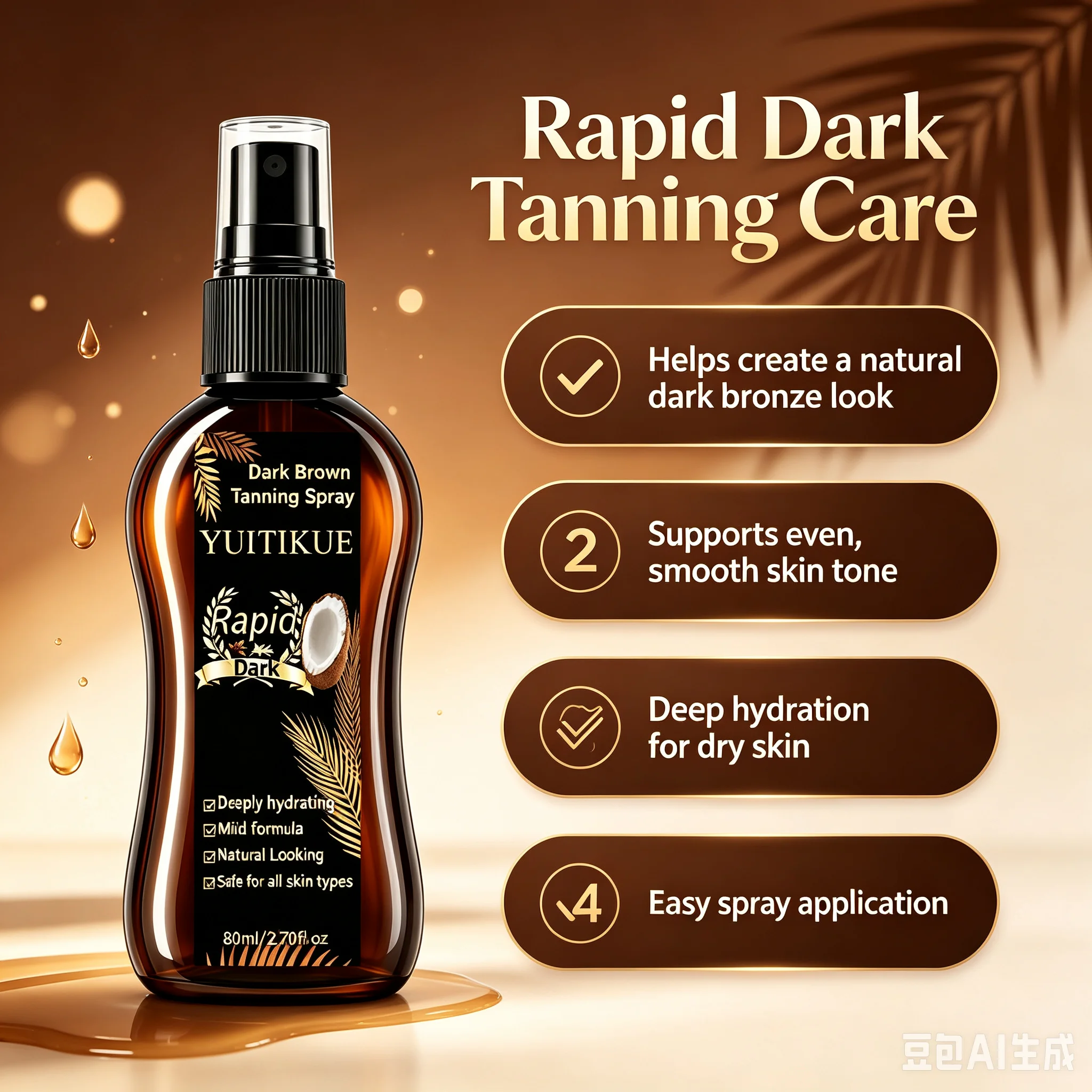 YUITIKUE Dark Brown Self Tanning Spray Coconut Essence Deeply Hydrate Dry Skin Natural Looking Tan Finish 80ml