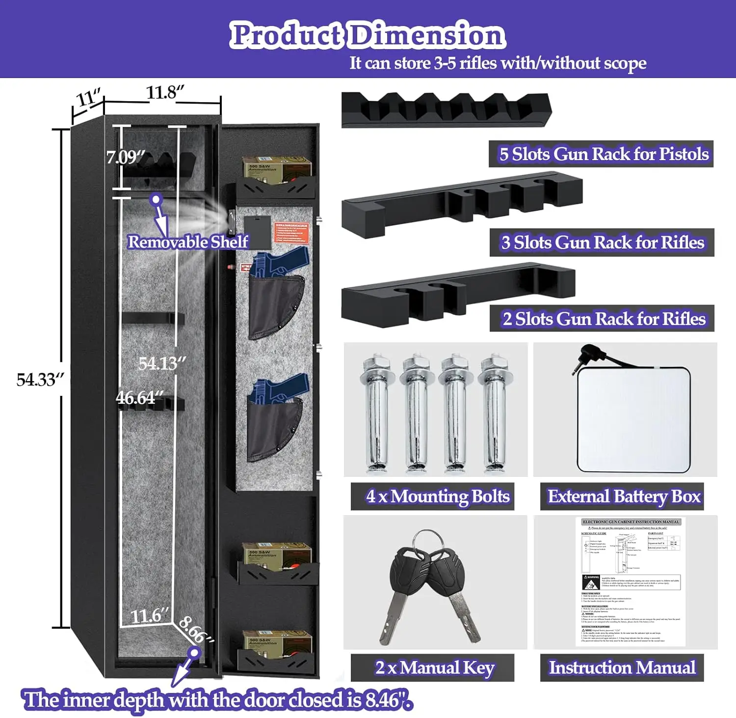 3-5 Gun Safes for Home Rifle and Pistols, Quick Access Safes for Shotguns, cabinets with Adjustable Rack, Pockets and Removable