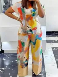 2 Piece Women Sets 2024 New Arrival Plus Size Summer Matching Sets Print Two Pieces Sets Top Pants Suits Outfits Clothing