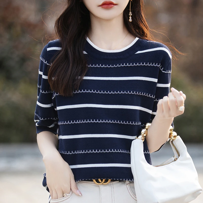 

Летняя женская футболка из 100% хлопка, повседневная, в полоску, тканая, с коротким рукавом, свободного кроя, с круглым вырезом, топ-футболка, безрукавка