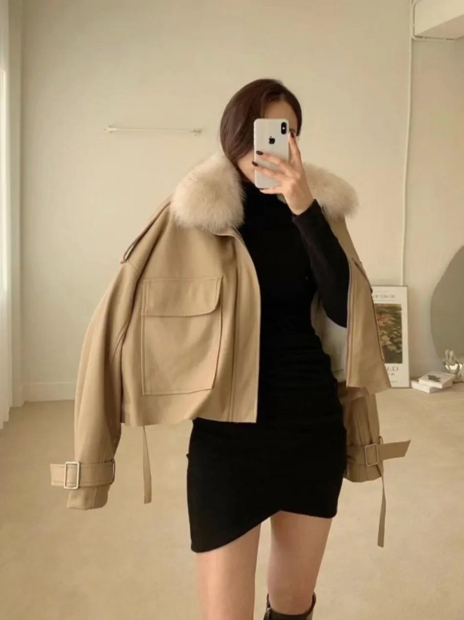 Women Clothing Short Detachable Rabbit Fur Collar Warm Black Coats Women Tops Autumn/Winter New Velvet Thickened Leather Jacket