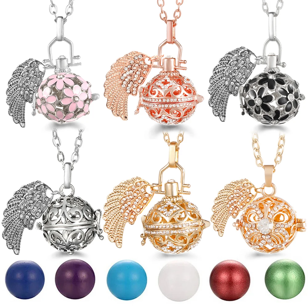 Mexiko Glockenspiel Strass Engelsflügel Anrufer Medaillon Halskette Schwangerschaft Bola Halskette Aromatherapie Ätherisches Öl Diffusor Schmuck