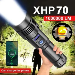 Powerful P70 LED COB Flashlight USB Rechargeable Torch Ultra Bright Tactical Light Telescopic Zoom Torch with Red Side Lights