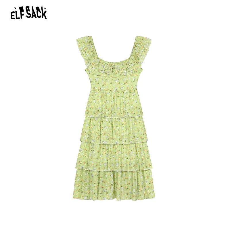 ELFSACK 2024 Summer New Arrivals Ruffled gentle style green chiffon floral holiday style cake dress for wommen