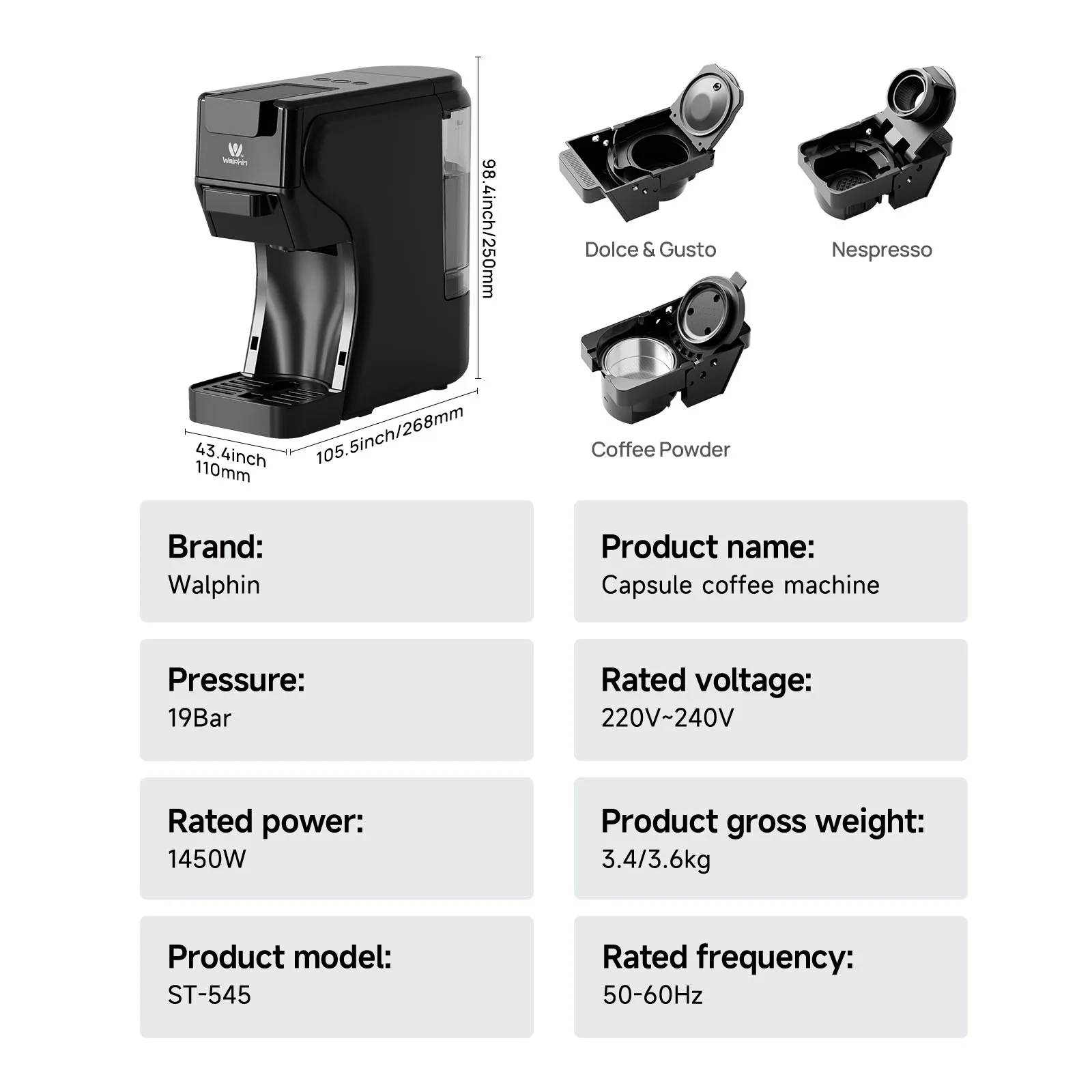 Walphin Coffee Machine 3 in 1 Capsule Coffee Machine Semi