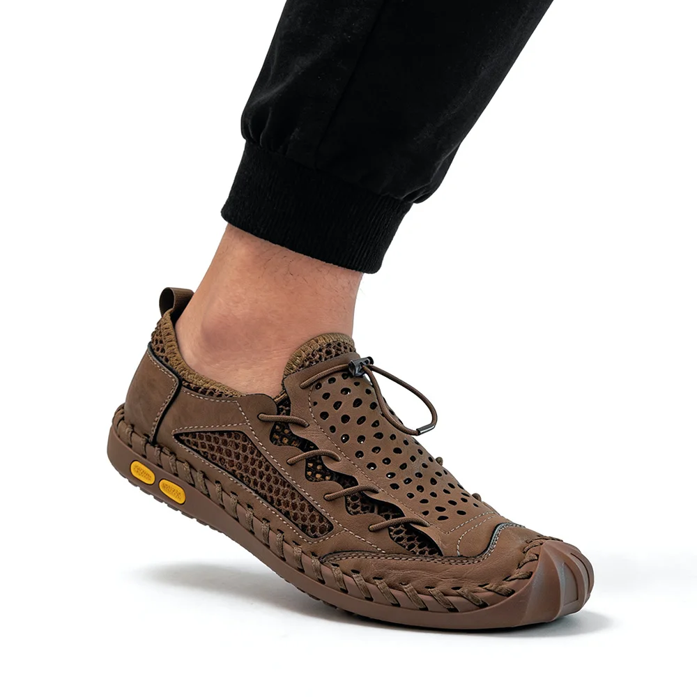 Men's Breathable Mesh Shoes Summer Lightweight Non-slip Genuine Leather Casual Loafers Walking Comfort Daily Travel DX910