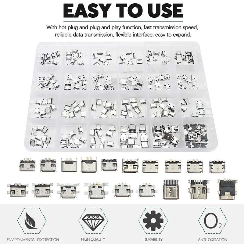 240Pcs Micro USB Connector 24 Models Socket Jack USB Connectors Set Charging Port Terminal For MP3/4/5 100% Huawei Lenovo ZTE