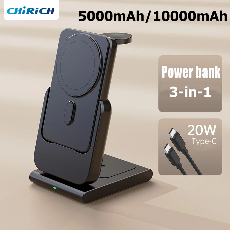 Magnetic 10000mAh 3in1 Power Bank Foldable Wireless Fast Charger Stand Station External Spare Battery For Apple Watch iPhone15