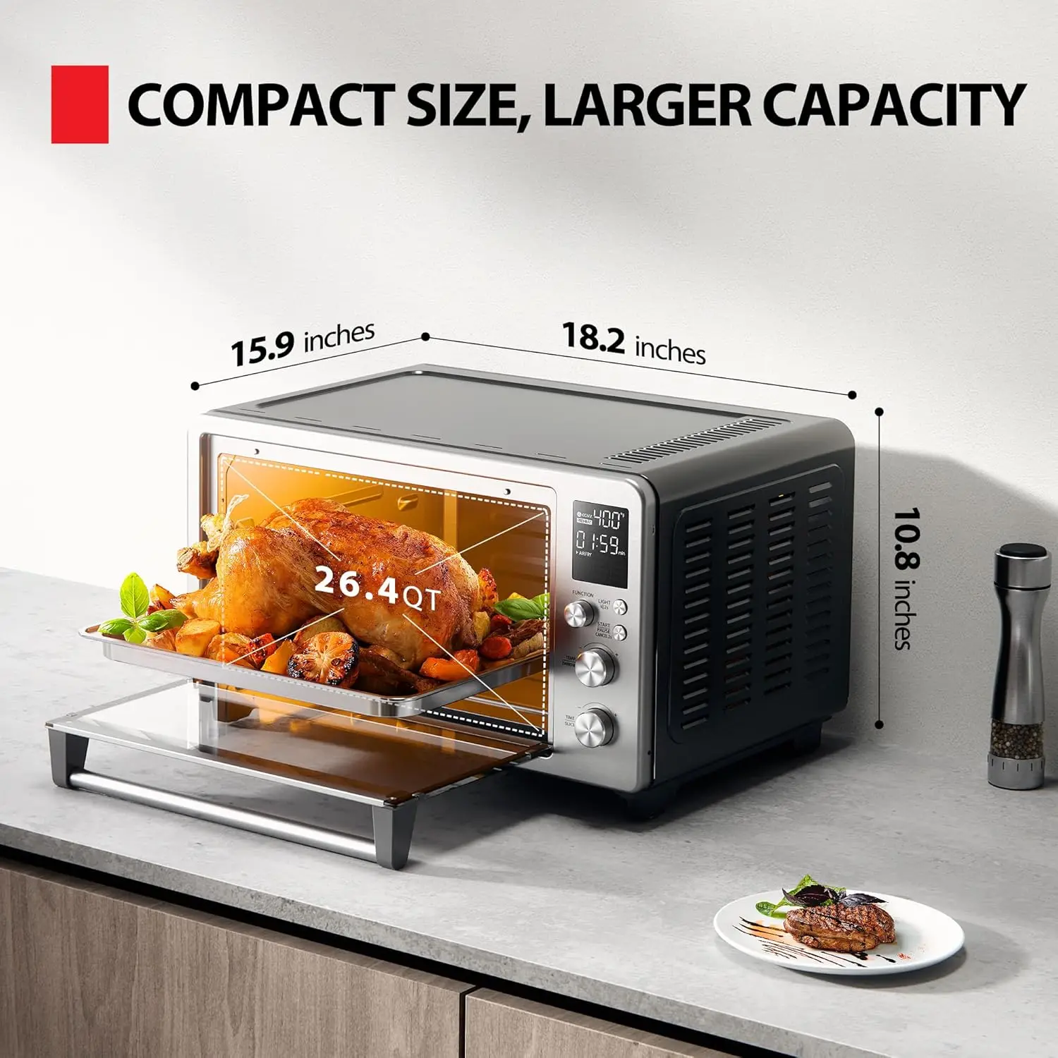 Large 26.4 QT Air Fryer Toaster Oven Combo, 12-in-1 Countertop Convection Oven, Stainless Steel, Multifunctional