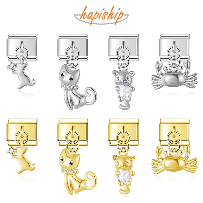 Hapiship 2025 New Women Animals Dog Cat Bear Crab Italian Charms Fit 9mm Stainless Steel Bracelet DIY Makeing Jewelry DJ1739