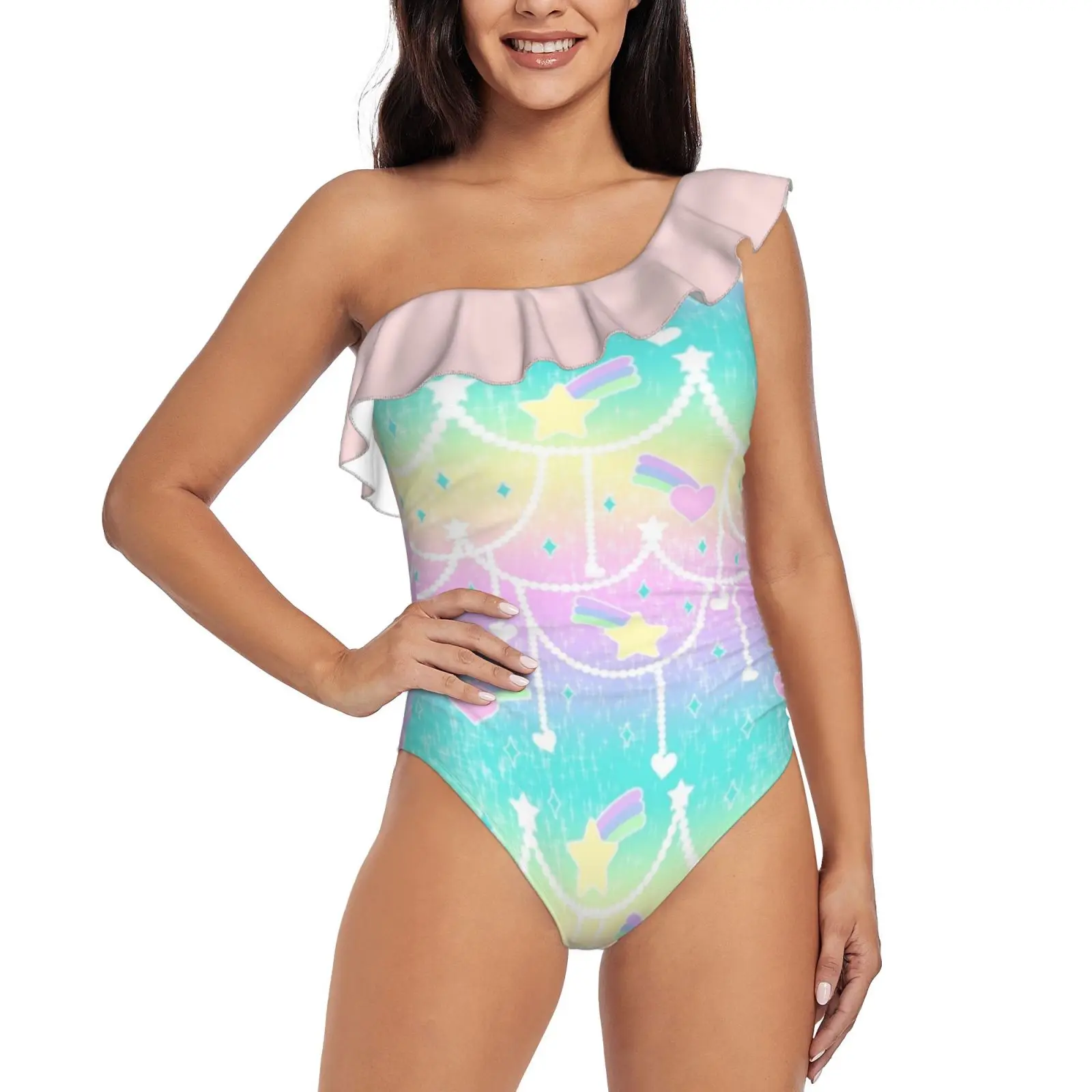 

Beads And Stickers One Shoulder Ruffle Swimsuit Print Swimwear Female One Piece Monokini Bathing Suit Fairy Kei Lolita Harajuku