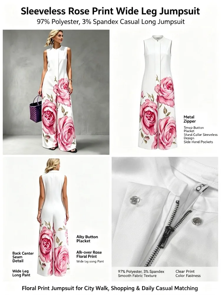 UOOZEE Women's Elegant Chic Big Rose Printed Sleeveless Jumpsuits 2026 New Loose Pockets High Waisted Wide Leg Casual Romper