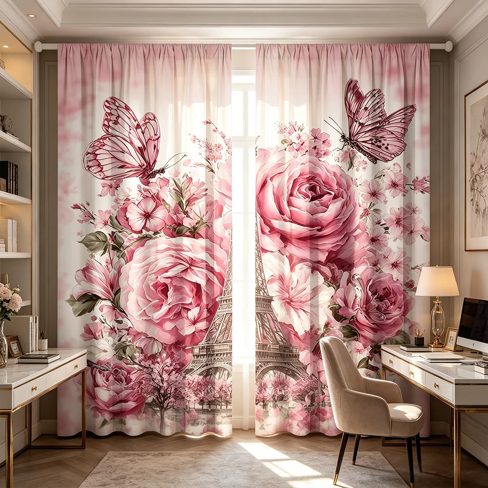 2PCS Rose Eiffel Tower Curtains, Paris Romantic Print, French Style Window Drapes for Living Room Bedroom Decor