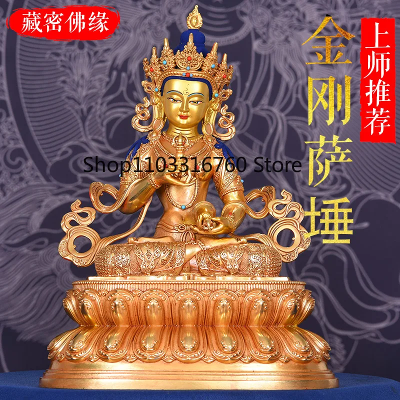 Tibet double lotus base pure copper gilt 1 foot 31cm Vajrasattva Buddha statue household worship tantra bronze statue