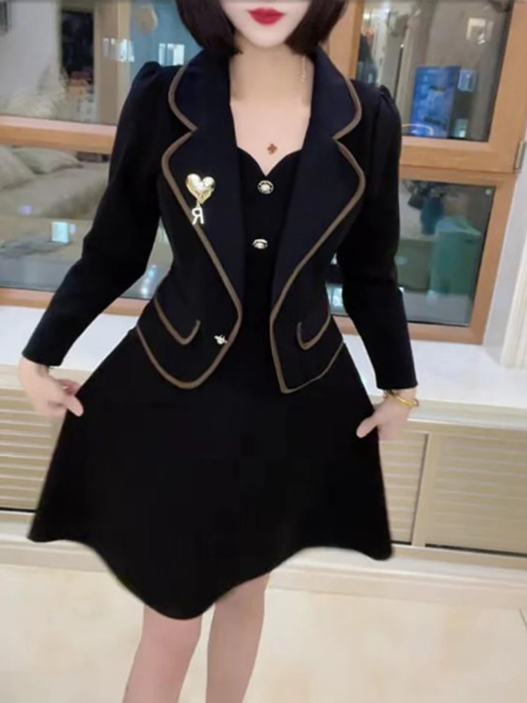 New Fashion Fake Two Piece Dress Women's 2023 Autumn Korean Edition Small stature Suit Collar Reducing Age A-line Skirt