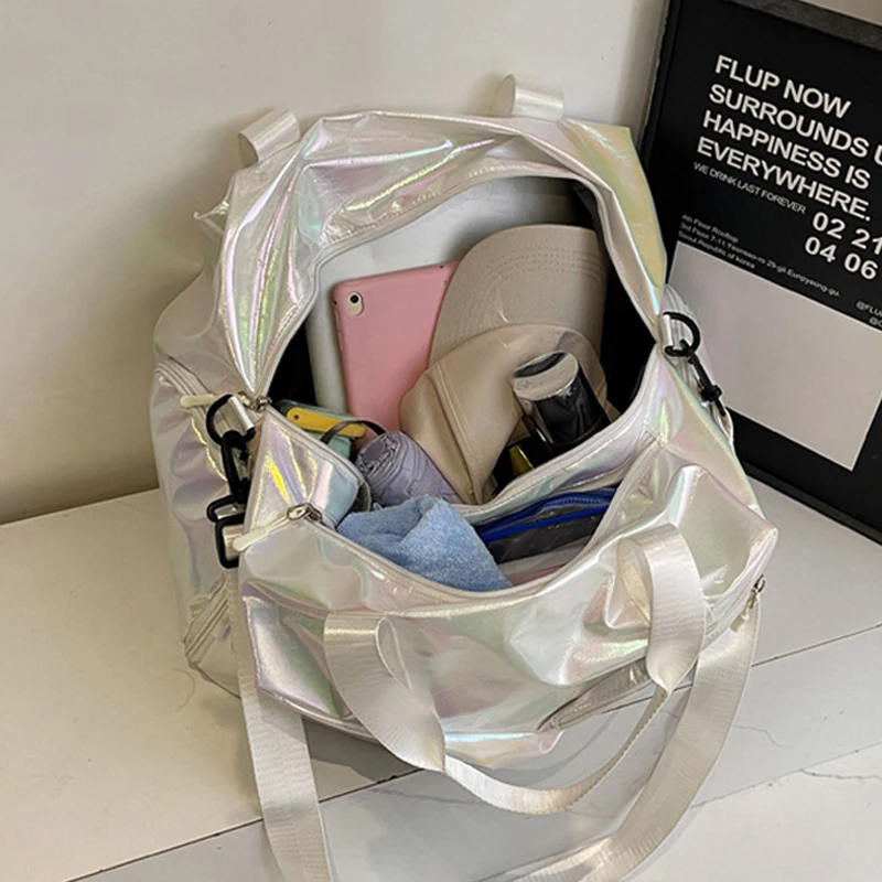 حقيبة يد لامعة حقيبة اللياقة البدنية الصالة الرياضية اليوغا حقائب التدريب النساء الرقص Crossbody حزمة مع جيب الأحذية سعة كبيرة السفر القماش الخشن #3