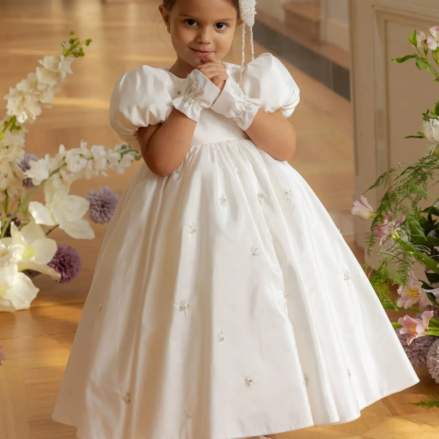 White Flower Girl Dresses Pageant Gown for Wedding Satin Beaded Ankle Length Princess Birthday Party First Communion Gown