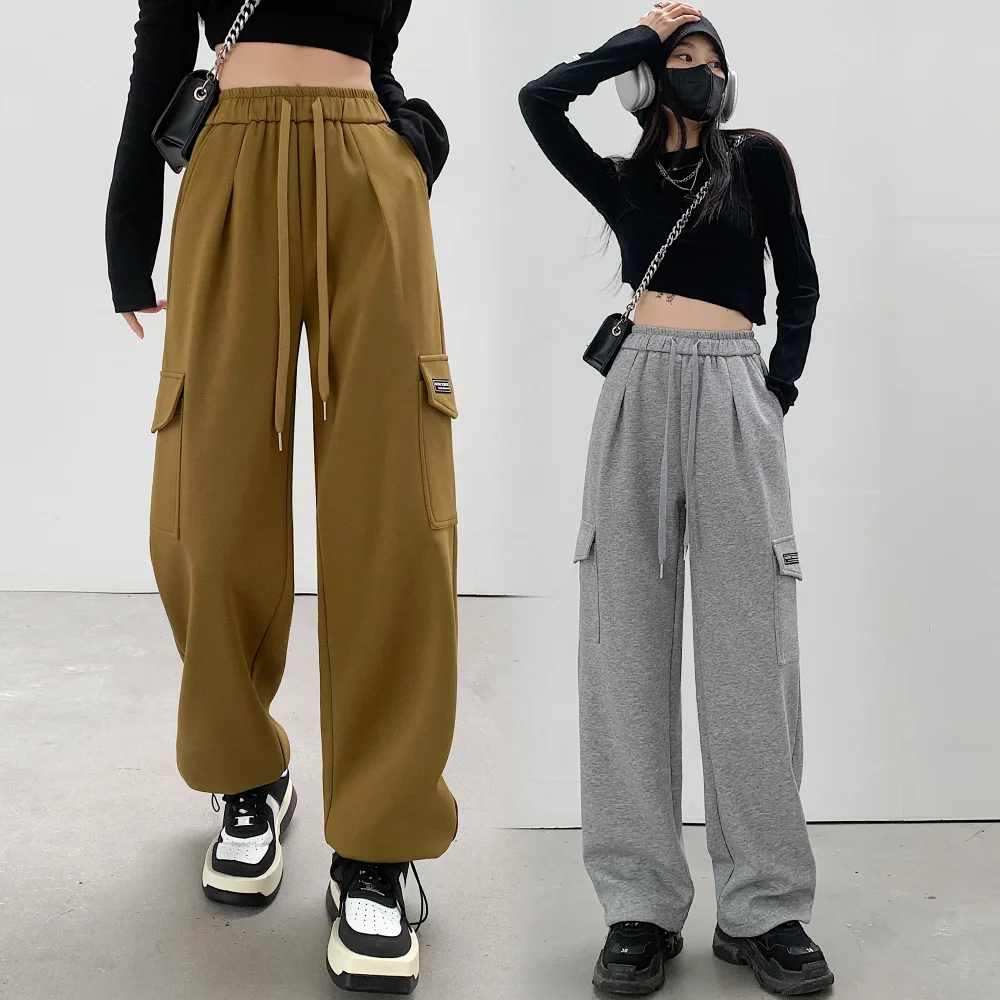 

New Auutmn Winter Thicken Cargo Pants Women Casual Elastic High Waist Wide-leg Trousers Ladies Fashion Warm Loose Sweatpants