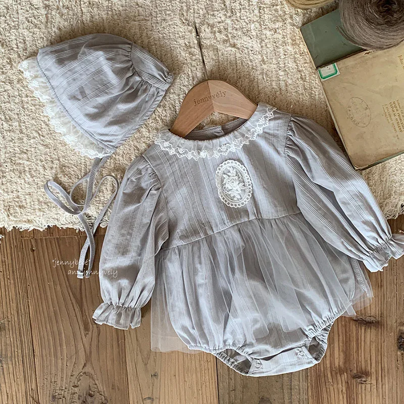 

2025 New Autumn 0-24M Children Clothes Newborn Baby Girls Bodysuits+Hat Long Sleeved Cotton Mesh Splicing Infant Baby Jumpsuit