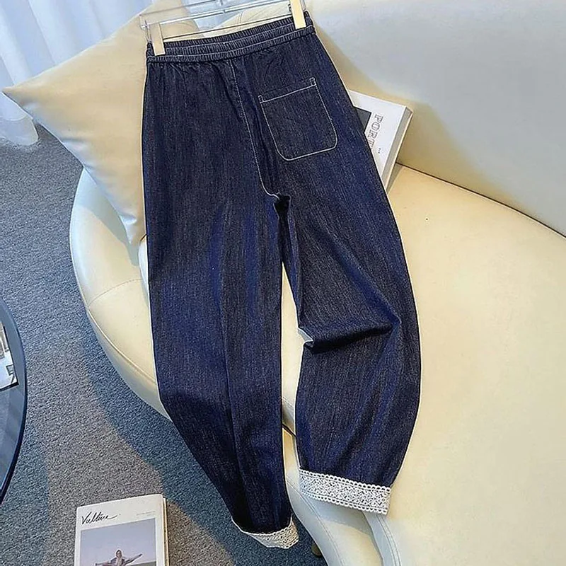 Dames kanten splitjeans trekkoord elastische taille diepblauwe dunne harembroek 2025, lente zomer nieuwe stijl losse broek