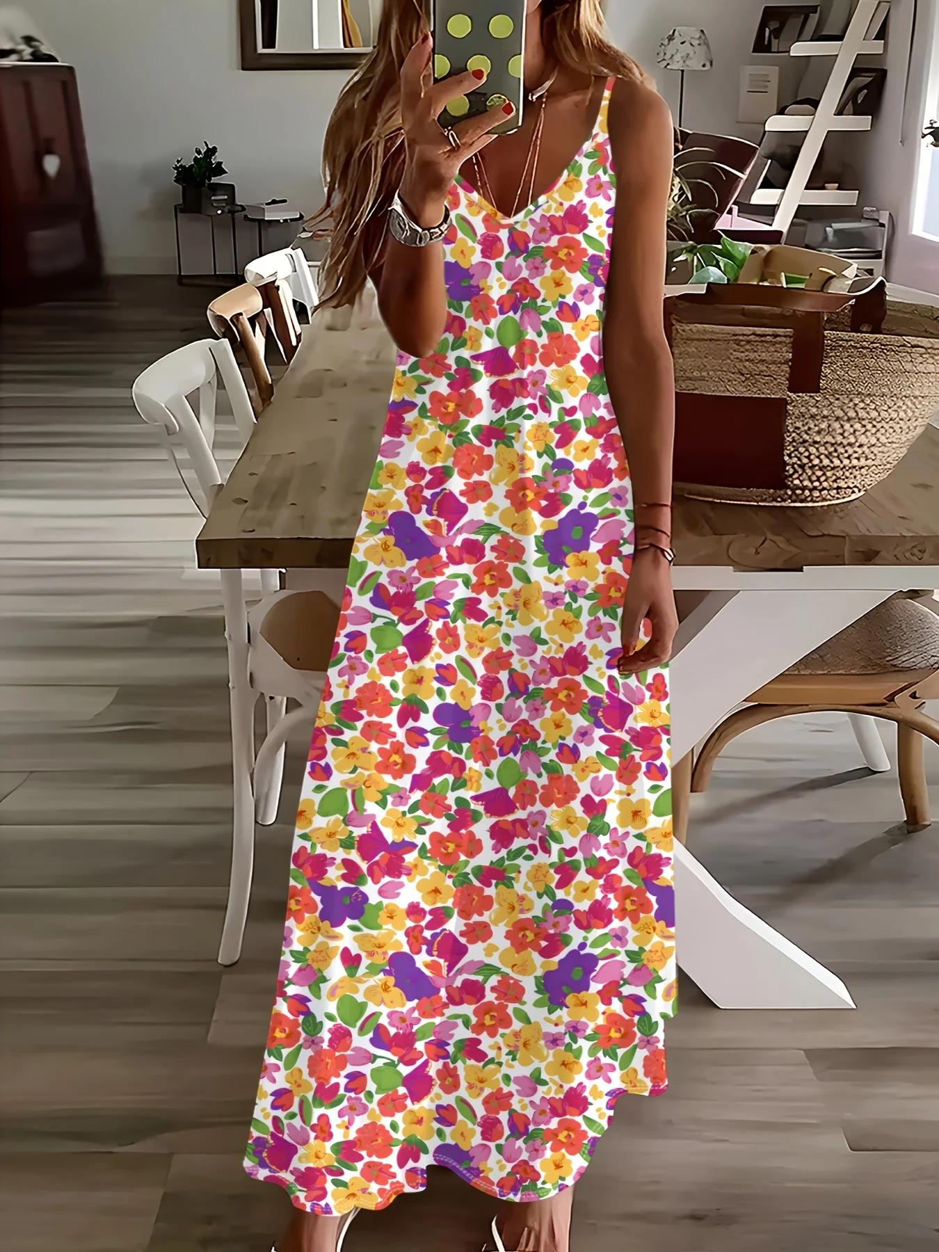 

Printed Design Casual Sweet Cool Dopamine Flower Full Print Slip Dress