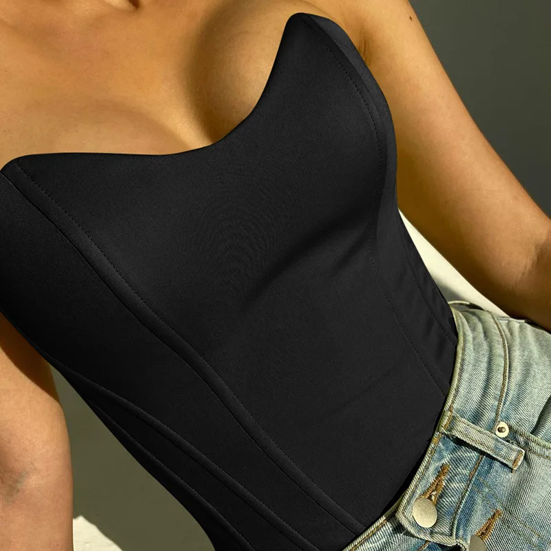 Top a tubo da donna sexy solido senza maniche corsetto skinny sottile top corto bustier a lisca di pesce canotta estiva casual femminile senza spalline