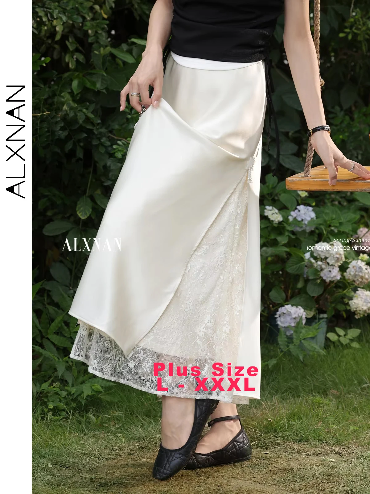 

ALXNAN Plus Size Long Skirt Elegant Lace Patchwork A-line Women's Skirt 2025 Elegant Satin Holiday Casual Ladies Clothing D10733