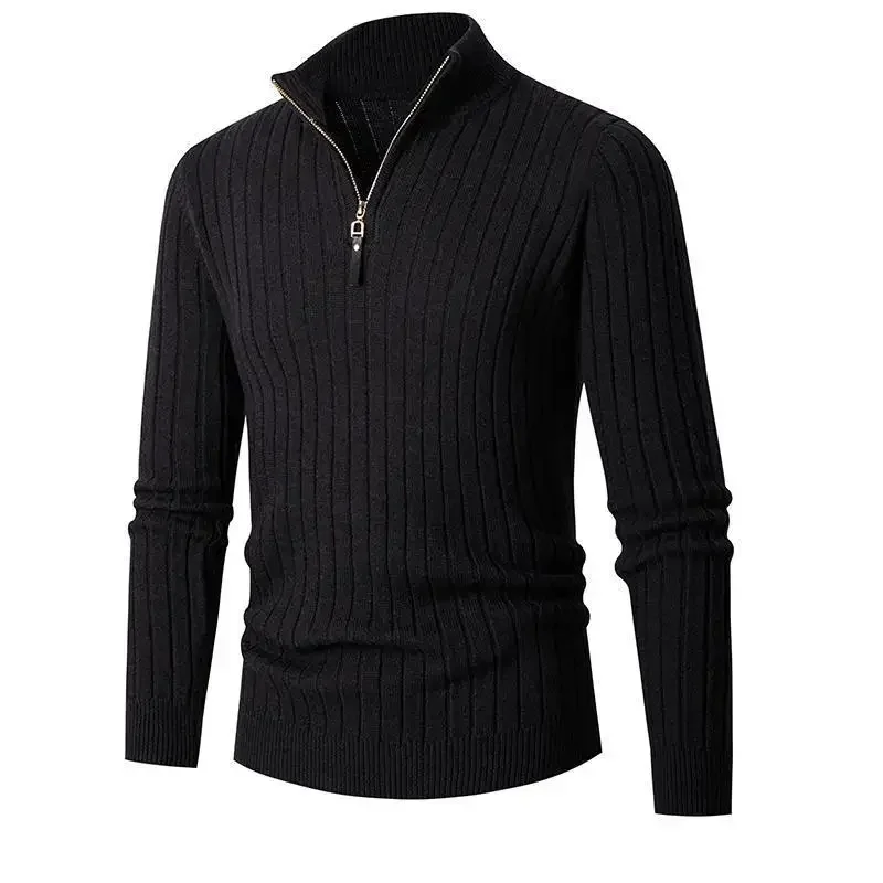 American Style Men Stand-collar Sweater, Long-sleeved Vertical Striped Half-zip Base Layer Knitted Sweater for Autumn and Winter