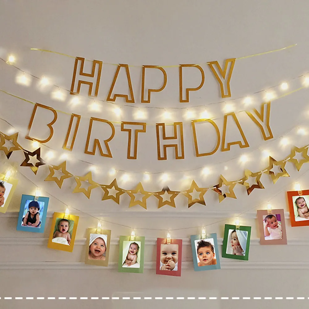 Multi Themes DIY Colored Lights Happy Birthday Banner Decorations Photo Booth Happy Birthday Bunting String Lights Flags Set