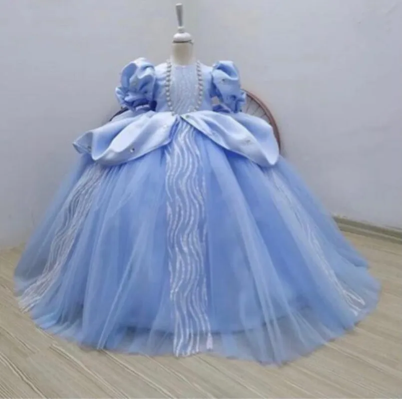 Vestido de baile de flores azules para niñas, capas de tul, vestido de cumpleaños hecho a mano, vestido de primera comunión con lazo