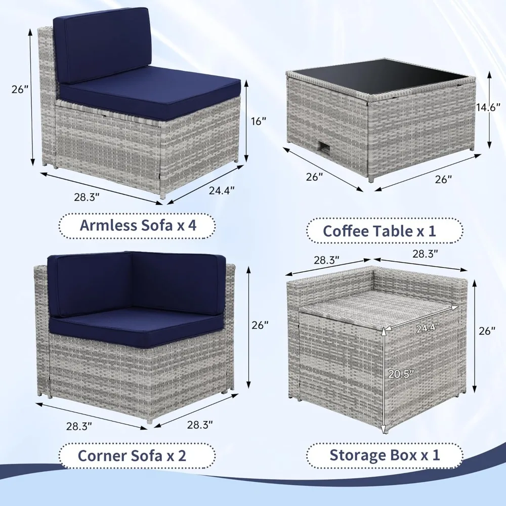 Conjunto secional de móveis de vime para pátio externo de 8 peças, mesa superior de vidro com armazenamento oculto, inclui 7 componentes de assento
