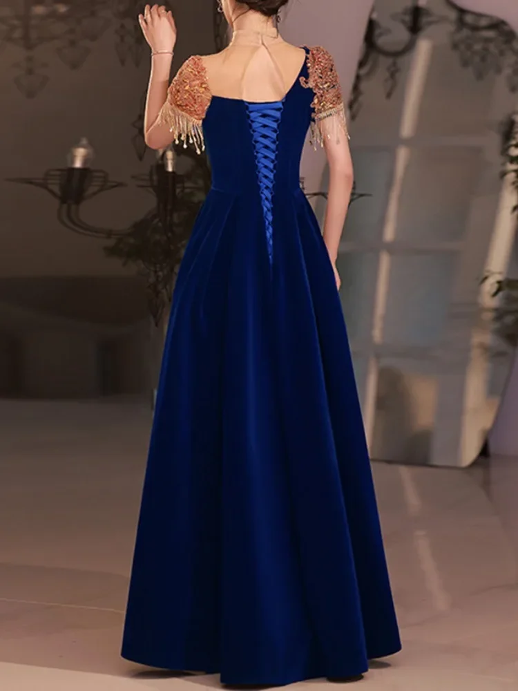 Customized French Temperament Slim Fit Velour Evening Dress Pleuche Sleeve Prom Robe Beading Tassel Design Short Sleeve Party Dr