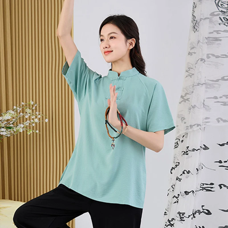 New Summer Tai Chi Uniform Top Loose Fit Pure Cotton Martial Arts Practice New Chinese Style Women's T-shirt Large Size view 3