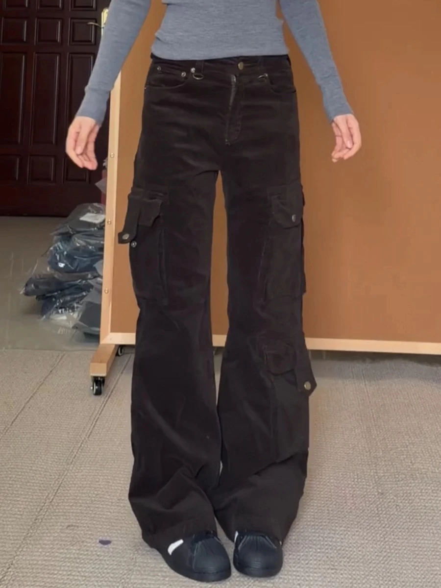 Winter Women American Retro Flare Pants Long Trousers Cleanfit Corduroy Cargo Pants Low Rise Trumpet Pants Korean Bell Bottom