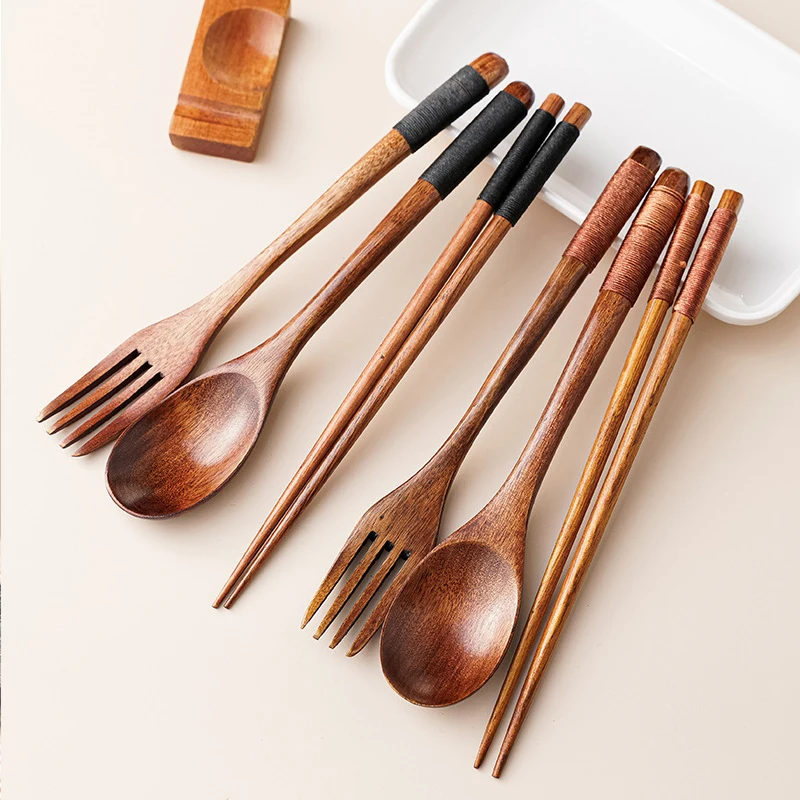 Japanese-style Wooden Reusable Sushi Chopsticks Coffee Mixing Spoon Non-slip Travel Dinnerware Suit