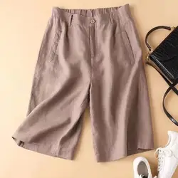 Pantalones cortos de lino y algodón para mujer, Shorts elegantes de cintura alta, traje de pierna ancha, ajustados, rectos, de trabajo