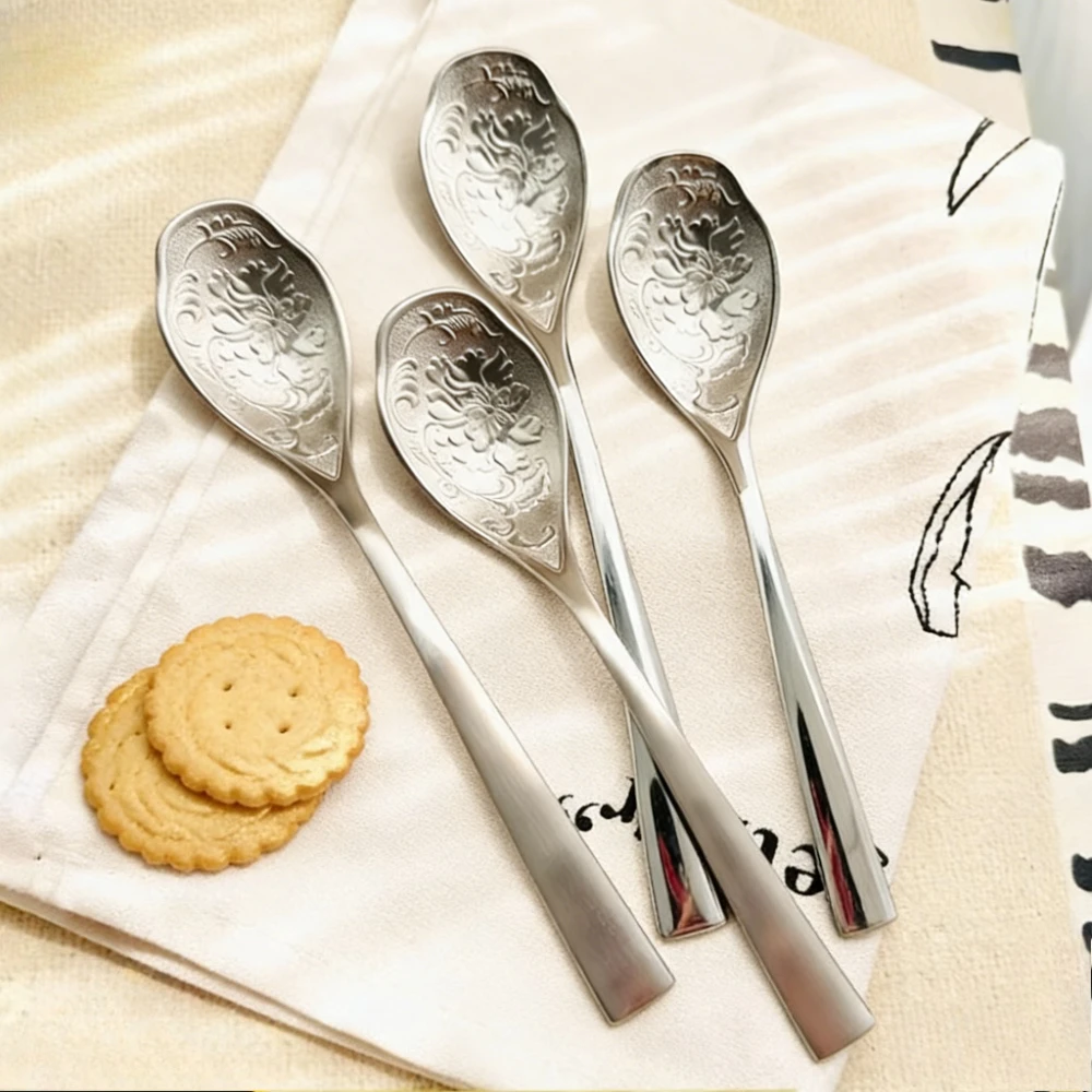 Stainless Steel High-end Dining Spoon Home New Chinese Relief Patterned Soup Spoon Restaurant Kitchen Western Food Rice Scoop