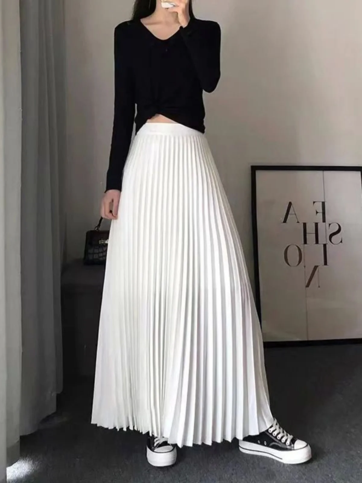 

Однотонная макси-юбка с высокой талией, юбка трапециевидной формы длиной f, женская юбка-миди из полиэстера, простой дизайн Ele