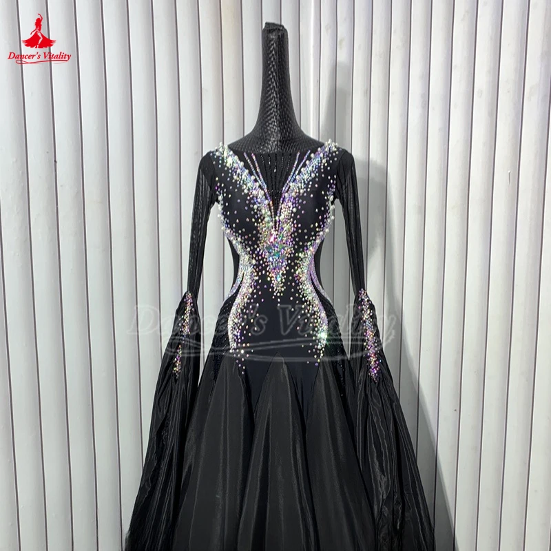 하이 엔드 맞춤형 성인 럭셔리 AB 스톤 볼룸 댄스 대회 옷 비엔나 왈츠 블랙 긴 소매 수행 빅 스윙 스커트